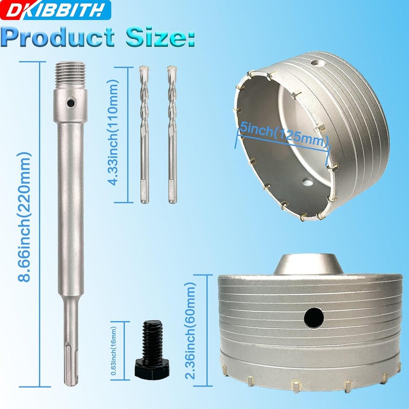 DKIBBITH 5" Concrete Hole Saw, 125mm Tungsten Steel Core Bit for Cinder Block, Brick, Rock, Plank Walls for Pipes or mini Split Lines, with SDS Plus Shank and 2 Center Positioning Drill Bits. - Image 2